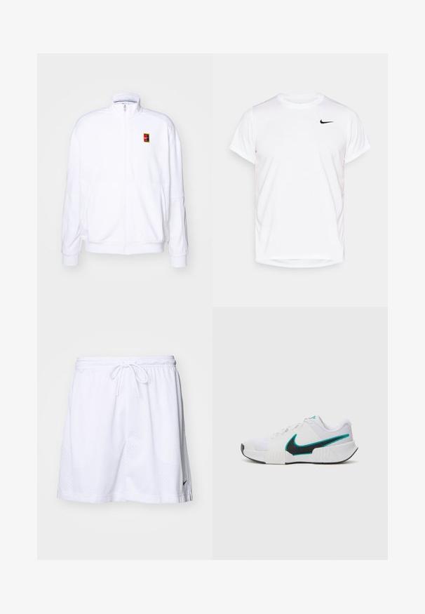Hvit zip-up hettegenser laget av mykt stoff, med høy hals og en liten multicolor Nike-logo på venstre bryst.; Hvit T-skjorte med kort erm fra Nike laget av glatt syntetisk materiale, med en svart logo på venstre side av brystet.; Hvite mesh treningsshorts med elastisk midje, justerbar snor og sidesplitt, med en liten svart logo ved den nedre kanten.; Hvit atletisk sko med teksturert mesh-overdel, svart gummisåle og teal Nike swoosh-detalj. Har snøring og polstret krage.