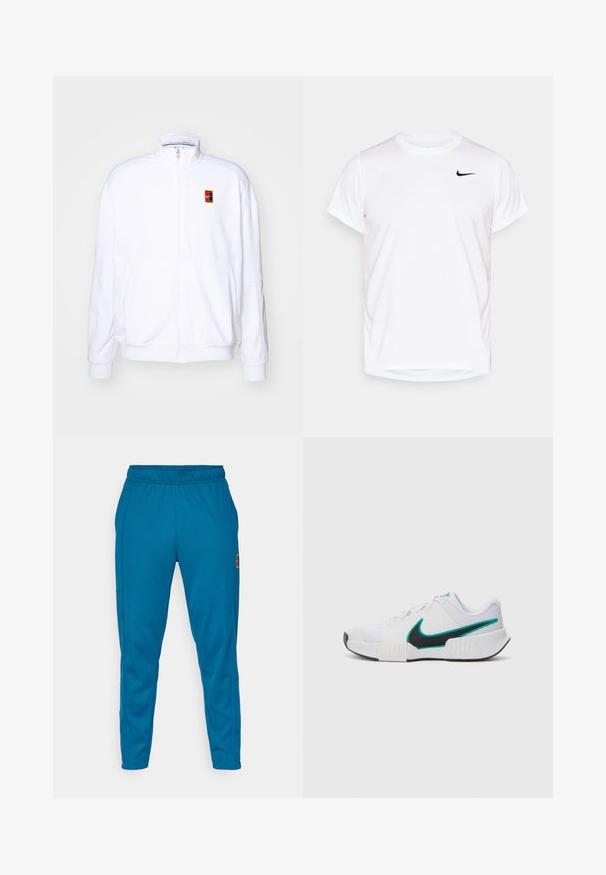 Bílá mikina na zip vyrobená z měkké tkaniny, s vysokým límcem a malým barevným logem Nike na levé hrudi.; Bílý krátký rukáv Nike tričko vyrobené z hladkého syntetického materiálu, s černým logem na levé straně hrudi.; Modré zúžené teplákové kalhoty s elastickým pasem a bočními kapsami, s malým obdélníkovým logem na horní části stehna.; Bílé sportovní tenisové boty s texturovaným síťovým vrškem, černou gumovou podrážkou a akcentem v barvě tyrkysové na logu Nike. Obsahují šněrování a polstrovaný límec.