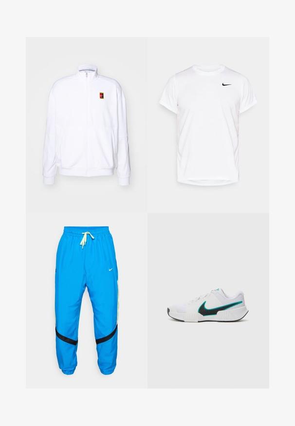 Witte ritsvest gemaakt van zachte stof, met een hoge kraag en een klein meerkleurig Nike-logo op de linkerborst.; Witte korte mouwen Nike t-shirt van glad synthetisch materiaal, voorzien van een zwart logo aan de linkerkant van de borst.; Blauwe sportbroek van lichtgewicht stof. Voorzien van een verstelbare tailleband met gele koord, zwarte accenten en zijpanelen van mesh.; Witte sportieve schoen met een textuur mesh bovenwerk, zwarte rubberen zool en teal Nike swooshaccent. Voorzien van veters en een gewatteerde kraag.