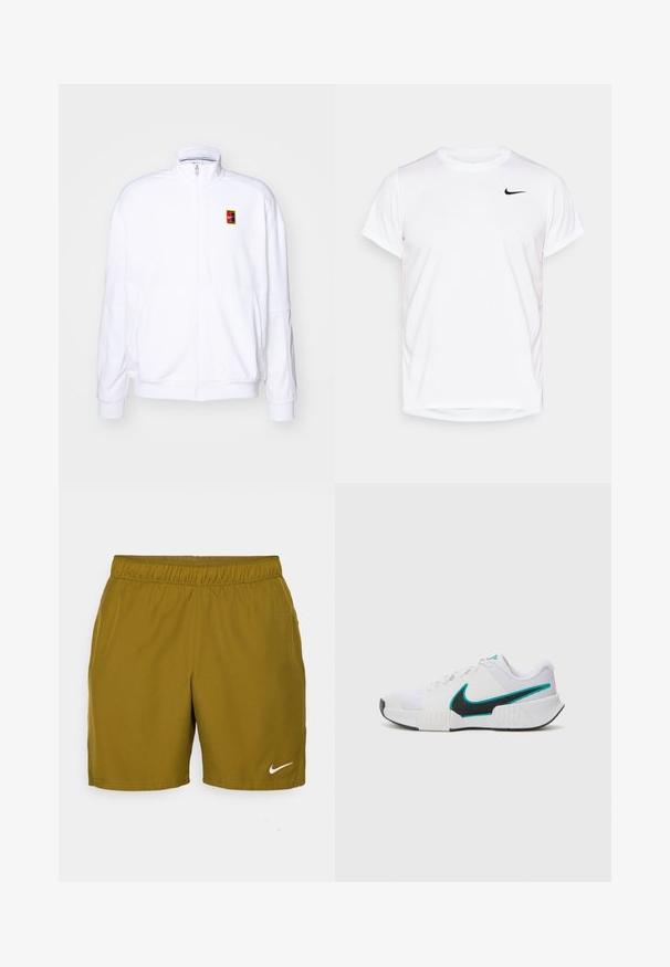 Sweatshirt branco com fecho zíper, feito de um tecido macio, com um gola alta e um pequeno logótipo multicolorido da Nike no lado esquerdo do peito.; T-shirt Nike de manga curta branca, feita de material sintético suave, com um logo preto no lado esquerdo do peito.; Calções Nike de cor verde-oliva feitos de tecido leve. Apresentam uma cintura elástica e um logo da Nike branco no canto inferior esquerdo.; Tênis atlético branco com parte superior em malha texturizada, solado de borracha preta e detalhe em swoosh Nike teal. Apresenta cadarços e colarinho acolchoado.