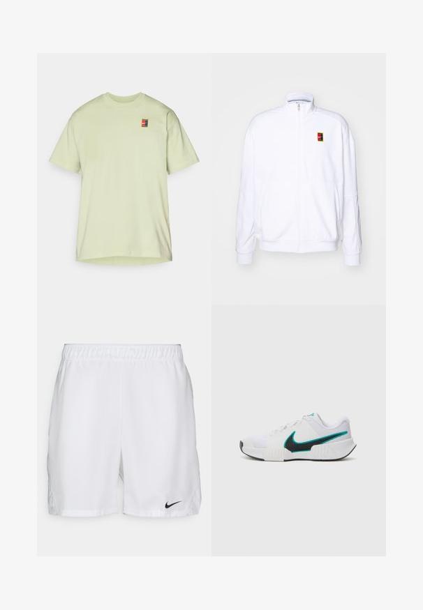 Witte ritsvest gemaakt van zachte stof, met een hoge kraag en een klein meerkleurig Nike-logo op de linkerborst.; Lichtgroen katoenen T-shirt met korte mouwen, ronde hals en een klein veelkleurig logo op de linker borst.; Witte sportshorts met een elastische tailleband, voorzien van een zwart Nike swoosh-logo aan de onderkant aan de linkerkant. Glad stof zonder patronen.; Witte sportieve schoen met een textuur mesh bovenwerk, zwarte rubberen zool en teal Nike swooshaccent. Voorzien van veters en een gewatteerde kraag.