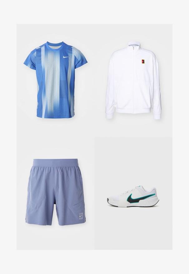 Sweatshirt branco com fecho zíper, feito de um tecido macio, com um gola alta e um pequeno logótipo multicolorido da Nike no lado esquerdo do peito.; T-shirt de manga curta da Nike em tons de azul degradê, com um padrão de grelha e design de gola circular. Feito de tecido leve e respirável.; Calções de desporto azul claro com um cós elástico, dois bolsos laterais e um pequeno logótipo branco na parte inferior frontal direita. Textura suave.; Tênis atlético branco com parte superior em malha texturizada, solado de borracha preta e detalhe em swoosh Nike teal. Apresenta cadarços e colarinho acolchoado.