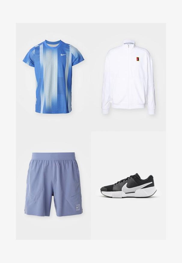 Valkoinen vetoketjullinen huppari, joka on valmistettu pehmeästä kankaasta ja siinä on korkea kaulus sekä pieni monivärinen Nike-logo vasemmassa rinnassa.; Nike t-paita lyhyillä hihoilla sinisen sävyissä, jossa on ruudullinen kuvio ja pyöreä kaula-aukko. Valmistettu kevyestä, hengittävästä kankaasta.; Vaaleansiniset urheilushortsit, joissa on joustava vyötärö, kaksi sivutaskua ja pieni valkoinen logo oikean etu-alan alareunassa. Saumaton pinta.; Mustat urheilukengät, joissa on tekstuuri päällä, valkoinen swoosh-logo, pehmustettu kanta ja kontrastivalkoinen pohja, jossa on sahalaitakuviota.