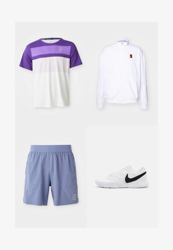 Sweatshirt branco com fecho zíper, feito de um tecido macio, com um gola alta e um pequeno logótipo multicolorido da Nike no lado esquerdo do peito.; T-shirt desportivo Nike de manga curta com blocos de cores horizontais em roxo, lavanda, rosa claro e branco, e logótipo NikeCourt no peito.; Calções de desporto azul claro com um cós elástico, dois bolsos laterais e um pequeno logótipo branco na parte inferior frontal direita. Textura suave.; Sapatilhas brancas com um upper texturizado, logo Nike em preto, colarinho almofadado e uma sola de borracha sólida com um padrão de textura.