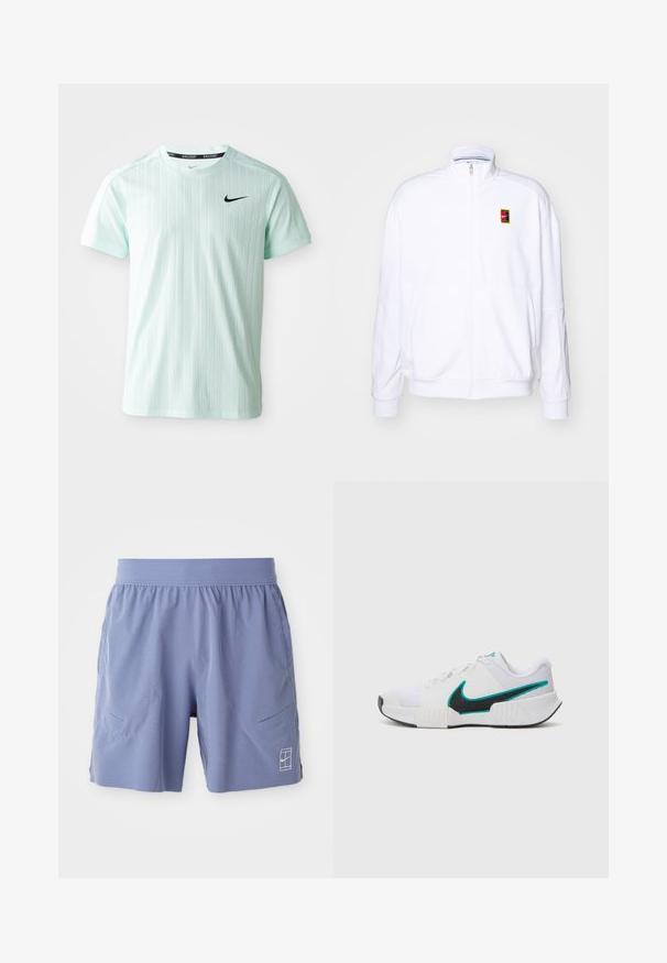 Valkoinen vetoketjullinen huppari, joka on valmistettu pehmeästä kankaasta ja siinä on korkea kaulus sekä pieni monivärinen Nike-logo vasemmassa rinnassa.; Minttu vihreä urheilupaita, joka on valmistettu kevyestä kankaasta. Paidassa on pystyraidat, lyhyet hihat ja musta Nike-logo rinnassa.; Vaaleansiniset urheilushortsit, joissa on joustava vyötärö, kaksi sivutaskua ja pieni valkoinen logo oikean etu-alan alareunassa. Saumaton pinta.; Valkoinen urheilukenkä, jossa on teksturoidusta verkkokankaasta valmistettu päällinen, musta kumipohja ja teal-värinen Nike-swoosh-korostus. Varustettu nauhoilla ja pehmustetulla nilkkapannalla.