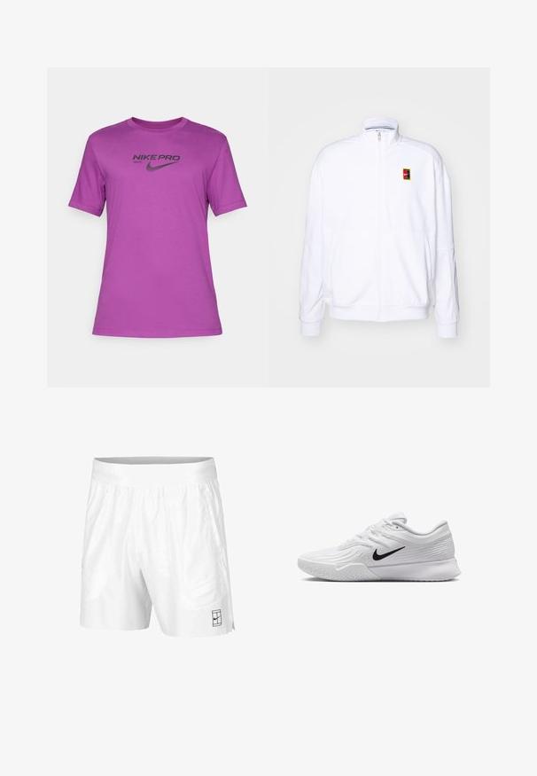 Hvit zip-up hettegenser laget av mykt stoff, med høy hals og en liten multicolor Nike-logo på venstre bryst.; Lilla Nike Pro t-skjorte med korte ermer og rund hals, prydet med en svart logo trykket foran. Glatt, lett stoff.; Hvite sportsshorts laget av lettvektstoff med elastisk midjebånd, med to sidelommer og en liten svart logo på kanten.; Hvit atletisk sko med teksturert mesh-overdel, svart Nike-svush, polstret krage og gummisåle med mønster.