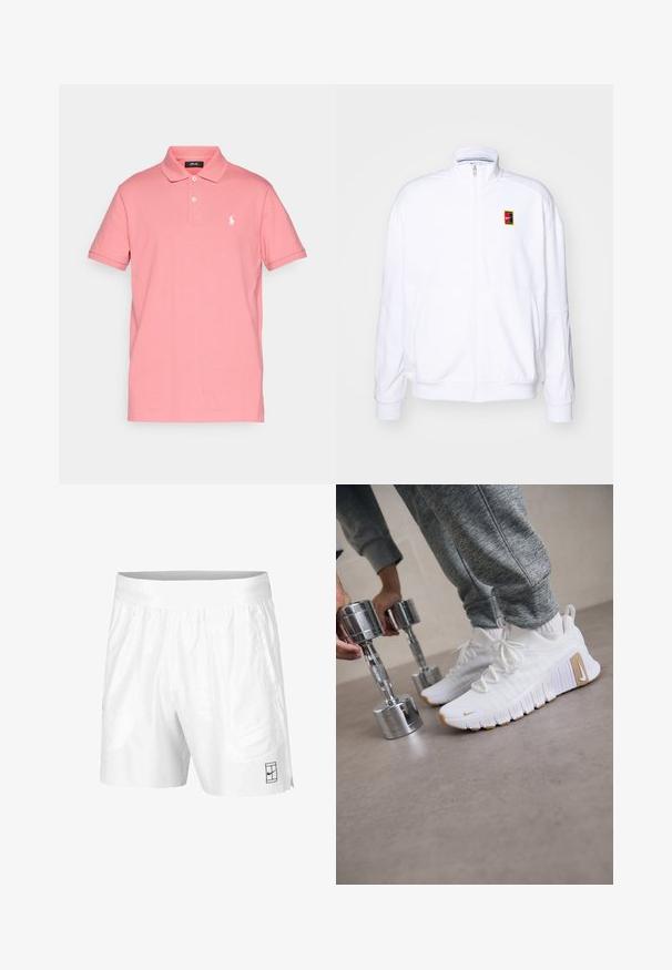 Hvit zip-up hettegenser laget av mykt stoff, med høy hals og en liten multicolor Nike-logo på venstre bryst.; Rosa bomullspolo med krage, korta ärmar och två knappar. Har en vit broderad logotyp på vänster bröst. Slät textur.; Hvite sportsshorts laget av lettvektstoff med elastisk midjebånd, med to sidelommer og en liten svart logo på kanten.; Hvite joggesko med teksturert overdel, flat gummisåle og lysebrune detaljer. Sølvmanualer i forgrunnen. Grå joggebukser synlige.