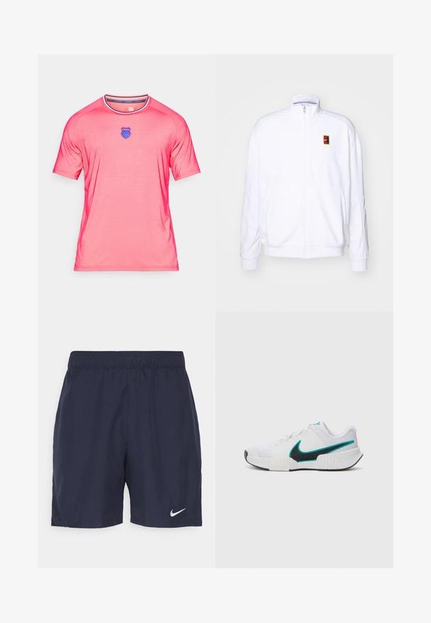 Balts ar rāvējslēdzēju džemperis, izgatavots no mīkstas auduma, ar augsto kaklu un mazu daudzkrāsainu Nike logotipu kreisajā krūtī.; Rozā īsām piedurknēm T-krekls, kas izgatavots no gludas, vieglas auduma. Tam ir apaļa kakla izgriezuma forma un zils emblema krūšu daļā.; Jūras spēku sporta šorti, kas izgatavoti no viegla auduma, ar elastīgu jostasvietu un mazu baltu Nike logotipu uz kreisā kājstarpe.; Baltas sporta apavu modelis ar teksturētu sieta augšdaļu, melnu gumijas zoli un tīkkoka Nike swoosh akcentu. Ar pīkstienēm un mīkstu apkaklīti.