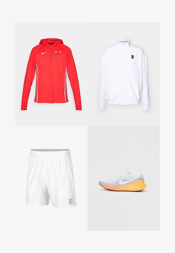 White zip-up sweatshirt made of soft fabric, featuring a high neck and a small multicolored Nike logo on the left chest.; Red Nike hoodie with a half-zip front, featuring a Bulls logo on the chest and white side stripes along the sleeves. Smooth, lightweight fabric.; White athletic shorts made of lightweight fabric with an elastic waistband, featuring two side pockets and a small black logo on the hem.; Light blue running shoe with a breathable mesh upper. Features a white swoosh, orange and yellow midsole, and black outsole for traction.