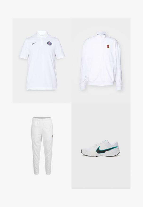 Sweatshirt branco com fecho zíper, feito de um tecido macio, com um gola alta e um pequeno logótipo multicolorido da Nike no lado esquerdo do peito.; Polo branco feito de algodão, com colarinho, mangas curtas, logótipo da Nike em azul-marinho e um emblema circular de Paris no lado esquerdo do peito.; Calças desportivas brancas com cintura elástica, pernas ajustadas e um pequeno detalhe de logótipo na lateral. Tecido liso e leve.; Tênis atlético branco com parte superior em malha texturizada, solado de borracha preta e detalhe em swoosh Nike teal. Apresenta cadarços e colarinho acolchoado.