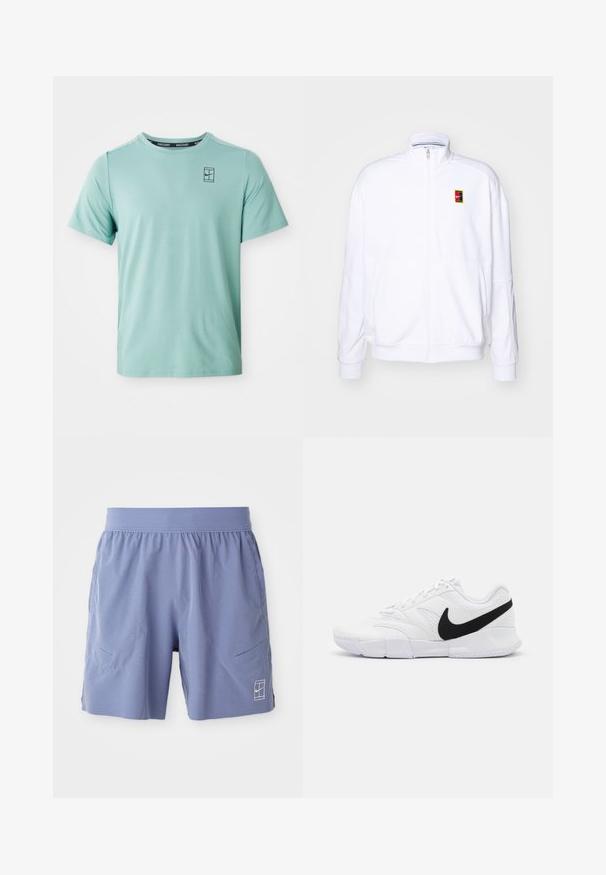 Bílá mikina na zip vyrobená z měkké tkaniny, s vysokým límcem a malým barevným logem Nike na levé hrudi.; Světle zelené, krátké sportovní tričko s kulatým výstřihem, má jemnou texturu a malé černé logo Nike na hrudi.; Světle modré sportovní šortky s elastickým pasem, dvěma bočními kapsami a malým bílým logem na spodním pravém předním díle. Hladká textura.; Bílé atletické boty se strukturovaným svrškem, černým logem Nike, polstrovaným límcem a pevným gumovým podešvem s vzorovaným profilem.