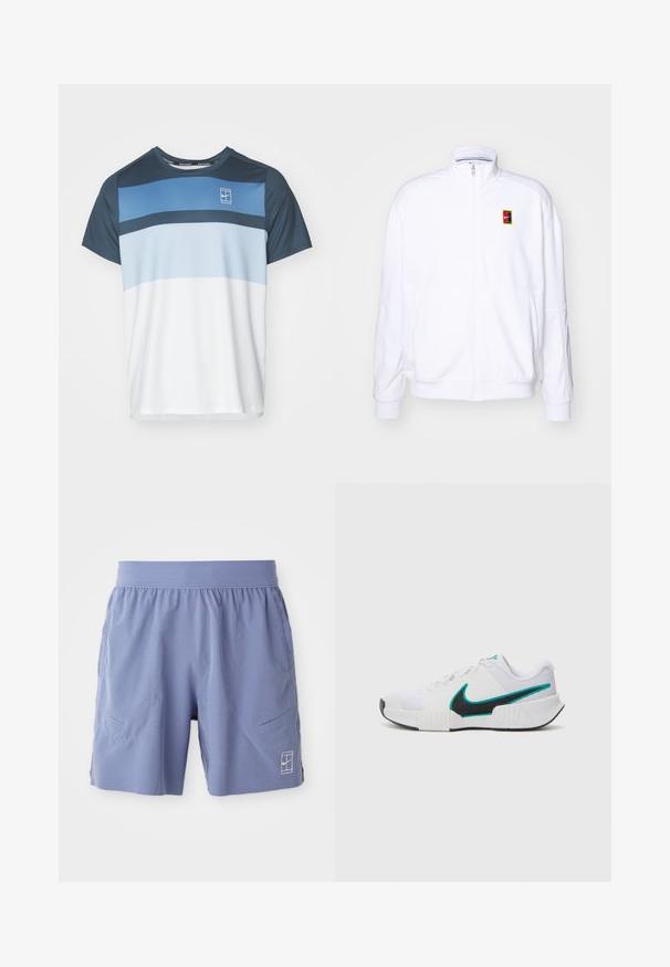Biała bluza rozpinana wykonana z miękkiego materiału, z wysokim kołnierzem i małym, wielokolorowym logo Nike po lewej stronie klatki piersiowej.; Koszulka sportowa z krótkim rękawem w kolorze ciemnoniebieskim, jasnoniebieskim i białym. Posiada poziome paski oraz małe logo na piersi. Wykonana z oddychającego materiału.; Jasnoniebieskie spodenki sportowe z elastycznym pasem, dwiema bocznymi kieszeniami i małym białym logo na dolnym przednim prawym boku. Gładka faktura.; Białe buty sportowe z teksturowaną siateczką, czarną gumową podeszwą i akcentem w kolorze turkusowym w kształcie logo Nike. Posiadają sznurowadła i wyściełany kołnierz.