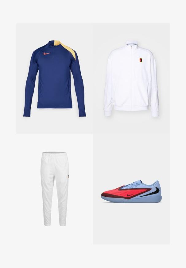 Baltas zip-up džemperis, pagamintas iš minkštos medžiagos, su aukštu kaklu ir mažuoju daugiaspalviu Nike logo kairiajame krūtinės šone.; Jūros mėlynumo ilgos rankovės sportinis marškinėliai su geltonu pečių akcentu, pusiau užtraukiama apykakle ir raudonu Nike šūkiu ant krūtinės.; Baltos sportinės kelnės su elastinga juosta, siaurėjantys džinsai ir mažas logotipo detalė šone. Lygus ir lengvas audinys.; Nike sportiniai batai, turintys mėlyną viršutinę dalį, raudonus akcentus, tekstūruotą dizainą ir juodą logotipą. Guma išorinėje dalyje su raštuotu suėmimu.