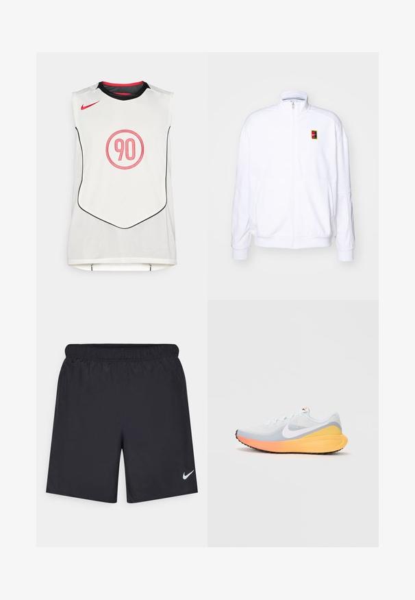 Hvid zip-up sweatshirt lavet af blød stof, med høj krave og et lille flerfarvet Nike-logo på venstre bryst.; Hvid ærmeløs sports T-shirt med sort kant, rød Nike swoosh og et rød "90" inden i en cirkel på midten foran.; Sorte atletiske shorts lavet af letvægtsmateriale med en elastisk talje. Har et lille hvidt Nike-logo i nederste venstre hjørne.; Lys blå løbesko med en åndbar mesh-overdel. Har et hvidt swoosh, en orange og gul mellemsål samt en sort sål for traction.