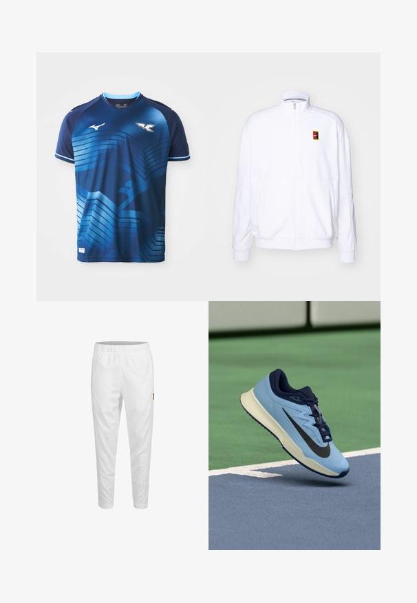 Bílá mikina na zip vyrobená z měkké tkaniny, s vysokým límcem a malým barevným logem Nike na levé hrudi.; Modrý atletický dres vyrobený z polyesteru. Obsahuje gradientní design s horizontálními pruhy a logo na hrudi. V-krk a krátké rukávy.; Bílé sportovní kalhoty s elastickým pasem, zúženými nohavicemi a malou logem na straně. Hladká a lehká tkanina.; Světle modrá sportovní obuv s námořnickými akcenty, texturovaný síťový svršek a černé logo Swoosh. Obsahuje polstrovanou mezipodešev a gumovou podrážku.