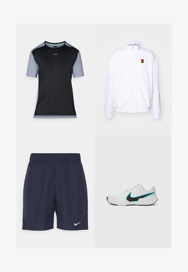 Valkoinen vetoketjullinen huppari, joka on valmistettu pehmeästä kankaasta ja siinä on korkea kaulus sekä pieni monivärinen Nike-logo vasemmassa rinnassa.; Musta ja vaaleansininen lyhythihainen urheilupaita, jossa on verkkomateriaali, pyöreä kaula-aukko ja huomaamaton logo rinnassa.; Merelliset siniset urheilushortsit, jotka on valmistettu kevyestä kankaasta. Niissä on joustava vyötärö ja pieni valkoinen Nike-logo vasemmassa lahkeessa.; Valkoinen urheilukenkä, jossa on teksturoidusta verkkokankaasta valmistettu päällinen, musta kumipohja ja teal-värinen Nike-swoosh-korostus. Varustettu nauhoilla ja pehmustetulla nilkkapannalla.