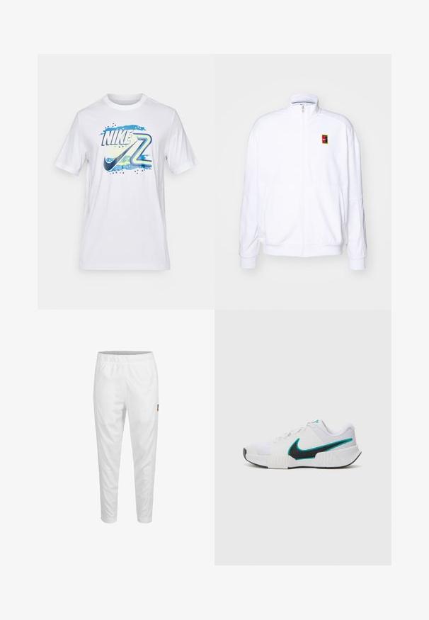 Valge tõmmatav kapuutsiga sviiter, mis on valmistatud pehmest kangast. Sellel on kõrge kaelus ja väike mitmevärviline Nike logo vasakul rinnal.; Valge puuvillane T-särk, millel on mitmevärviline graafika koos Nike logo ja stiliseeritud tekstiga. Lühikesed varrukad ja klassikaline ümmargune kaelus.; Valged spordipüksid, millel on elastne vöökoht, kitsenevad sääred ja külgedel väike logo detail. Sile ja kerge kangas.; Valge sportlik toss, millel on tekstureeritud võrkmaterjalist ülaosa, must kummist tald ja türkiissinine Nike'i logo aktsent. Eriomadusteks on paelad ja polsterdatud krae.