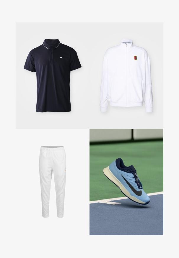 Vit zip-up sweatshirt gjord av mjukt tyg, med hög krage och en liten flerfärgad Nike-logga på vänster bröst.; Marinblå kortärmad polo med tvåknappssl Closure, vit kant på kragen och liten vit logotyp på vänster bröst.; Vita atletiska byxor med elastisk midja, avsmalnande ben och en liten logodetalj på sidan. Slätt och lätt tyg.; Ljusblå sportskor med marinblå detaljer, texturerad mesh-övre och svart Swoosh-logotyp. Har en dämpad mellansula och gummisula.