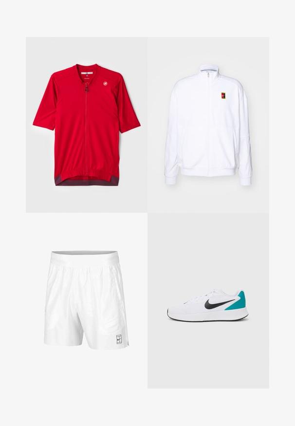 Hvit zip-up hettegenser laget av mykt stoff, med høy hals og en liten multicolor Nike-logo på venstre bryst.; Rød sykkeltrøye med korte ermer, av kvart glidelås, ribbet tekstur og en kontrastfarge i maroon kant. Logo på venstre bryst.; Hvite sportsshorts laget av lettvektstoff med elastisk midjebånd, med to sidelommer og en liten svart logo på kanten.; Hvit sportsko med en teksturert mesh-overdel, svart Nike-logo og turkise detaljer på hælen. Har runde lisser og en svart såle.