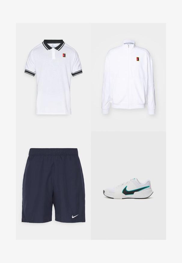 Biała bluza rozpinana wykonana z miękkiego materiału, z wysokim kołnierzem i małym, wielokolorowym logo Nike po lewej stronie klatki piersiowej.; Biała koszulka polo Nike z czarnym kołnierzykiem i paskami na rękawach, z małą, wielokolorową naszywką logo Nike na lewej piersi.; Granatowe spodenki sportowe wykonane z lekkiego materiału, z elastycznym paskiem w talii i małym białym logo Nike na lewej nodze.; Białe buty sportowe z teksturowaną siateczką, czarną gumową podeszwą i akcentem w kolorze turkusowym w kształcie logo Nike. Posiadają sznurowadła i wyściełany kołnierz.