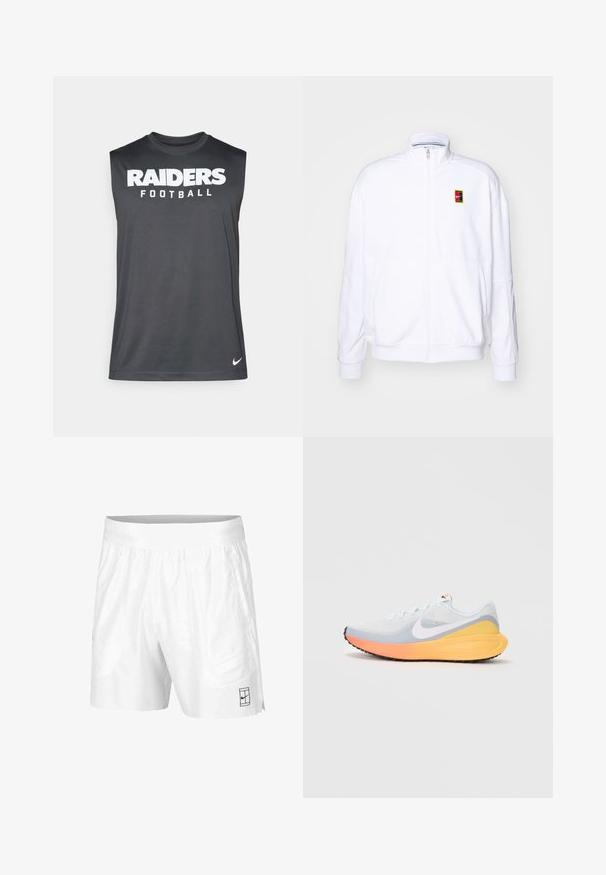 White zip-up sweatshirt made of soft fabric, featuring a high neck and a small multicolored Nike logo on the left chest.; Sleeveless gray athletic shirt made of lightweight fabric featuring white "RAIDERS Football" text. Nike logo on lower right corner.; White athletic shorts made of lightweight fabric with an elastic waistband, featuring two side pockets and a small black logo on the hem.; Light blue running shoe with a breathable mesh upper. Features a white swoosh, orange and yellow midsole, and black outsole for traction.