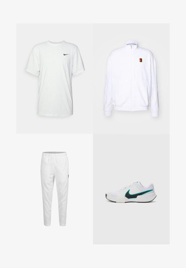 Biała bluza rozpinana wykonana z miękkiego materiału, z wysokim kołnierzem i małym, wielokolorowym logo Nike po lewej stronie klatki piersiowej.; Biała bawełniana koszulka z krótkim rękawem, okrągłym dekoltem i czarnym logo Nike na lewej piersi. Gładki, lekki materiał.; Białe sportowe spodnie z elastycznym pasem, zwężanymi nogawkami i małym logo z boku. Gładki i lekki materiał.; Białe buty sportowe z teksturowaną siateczką, czarną gumową podeszwą i akcentem w kolorze turkusowym w kształcie logo Nike. Posiadają sznurowadła i wyściełany kołnierz.