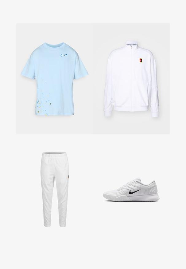 Valkoinen vetoketjullinen huppari, joka on valmistettu pehmeästä kankaasta ja siinä on korkea kaulus sekä pieni monivärinen Nike-logo vasemmassa rinnassa.; Vaaleansininen puuvillapaita lyhyillä hihoilla, jossa on sininen Nike-logo ja monivärinen roiskesuunnittelu alhaalla vasemmalla.; Valkoiset urheiluhousut, joissa on joustava vyötärö, kapenevat lahkeet ja pieni logo yksityiskohtana sivulla. Sujuva ja kevyt kangas.; Valkoinen urheiluvaate, jossa on teksturoidusta verkkomateriaalista valmistettu yläosa, musta Nike-logomerkintä, pehmustettu nilkkakappale ja kumipohja, jossa on urasyntymä.