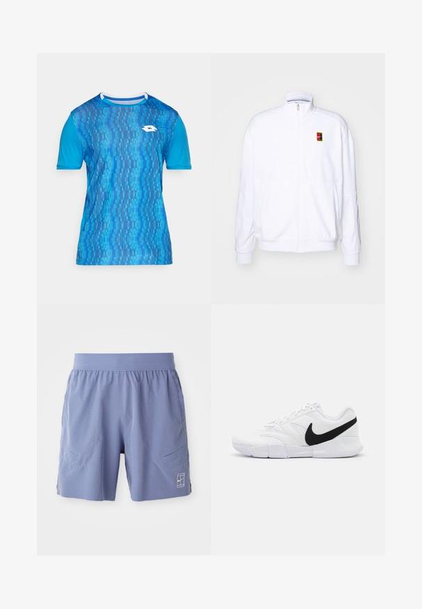 Bijela dukserica na zip, napravljena od mekog materijala, sa visokim ovratnikom i malim višebojnim Nike logom na lijevoj strani grudi.; Plava sportska majica kratkih rukava, s gradijentnim uzorkom vertikalnih pruga i bijelim logotipom sprijeda. Sintetički materijal.; Svijetloplave atletske kratke hlače s elastičnom strukom, dva bočna džepa i mali bijeli logo na donjoj prednjoj desnoj strani. Glatka tekstura.; Bijele atletske cipele s teksturiranim gornjim dijelom, crnim Nike Swoosh-om, podstavljenim ovratnikom i čvrstim gumenim potplatom s uzorkom.