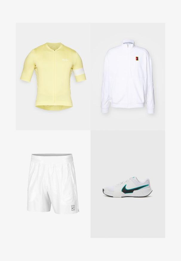 Bela zip-up dukserica iz mehkega materiala, s visokim ovratnikom in majhnim večbarvnim Nike logotipom na levem prsnem delu.; Rumena kolesarska majica s kratkimi rokavi, oprijetega kroja, teksturirane tkanine, z zadrgo spredaj in belim poudarkom na rokavu. Prisutno je "Rapha" logo.; Bele športne kratke hlače iz lahkotnega materiala z elastičnim pasom, ki imajo dva stranska žepa in majhen črn logotip na robu.; Bela športna copata z teksturiranim mrežastim zgornjim delom, črnimi gumijastimi podplati in teal Nike simbolom kot poudarkom. Ima vezalke in oblazinjen ovratnik.