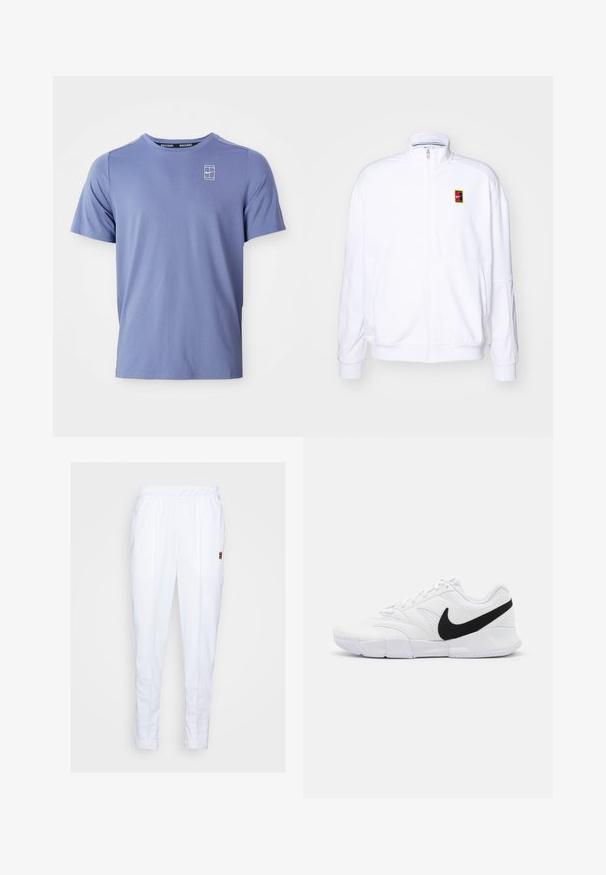 Sudadera blanca con cremallera hecha de una tela suave, con un cuello alto y un pequeño logotipo de Nike multicolor en el lado izquierdo del pecho.; Camiseta de manga corta azul claro hecha de una tela suave. Presenta un pequeño logo blanco en el lado izquierdo del pecho y un diseño clásico de cuello redondo.; Pantalones deportivos blancos con cintura elástica, que cuentan con bolsillos laterales y detalles de costura sutiles a lo largo de las piernas.; Zapatillas deportivas blancas con parte superior texturizada, logo de Nike en negro, cuello acolchado y suela de goma sólida con dibujo en patrón.