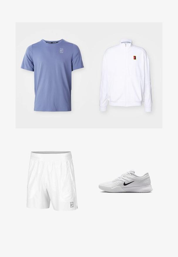 Hvit zip-up hettegenser laget av mykt stoff, med høy hals og en liten multicolor Nike-logo på venstre bryst.; Lyseblå kortermet t-skjorte laget av glatt stoff. Har et lite hvitt logo på venstre bryst og en klassisk rund halsdesign.; Hvite sportsshorts laget av lettvektstoff med elastisk midjebånd, med to sidelommer og en liten svart logo på kanten.; Hvit atletisk sko med teksturert mesh-overdel, svart Nike-svush, polstret krage og gummisåle med mønster.