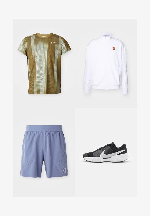 Sudadera blanca con cremallera hecha de una tela suave, con un cuello alto y un pequeño logotipo de Nike multicolor en el lado izquierdo del pecho.; Camiseta de Nike de manga corta en tonos marrones y crema con patrones de rayas verticales y cuadros. Presenta un cuello redondo y un logo sutil.; Bermudas deportivas de color azul claro con cintura elástica, dos bolsillos laterales y un pequeño logotipo blanco en la parte inferior delantera derecha. Textura suave.; Zapatillas deportivas negras con parte superior texturizada, logo de swoosh blanco, talón acolchado y suela blanca contrastante con un patrón en zigzag.