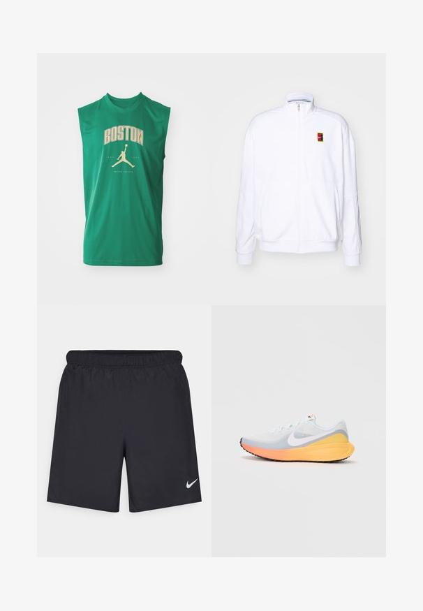 Biała bluza rozpinana wykonana z miękkiego materiału, z wysokim kołnierzem i małym, wielokolorowym logo Nike po lewej stronie klatki piersiowej.; Zielona sportowa koszulka bez rękawów z napisem "BOSTON" w złotym kolorze oraz sylwetką koszykarki. Gładki materiał i luźny krój.; Czarne spodenki sportowe wykonane z lekkiego materiału, z elastycznym pasem. Posiadają małe białe logo Nike na dolnej lewej stronie.; Jasnoniebieski but do biegania z przewiewną siateczką. Posiada biały logo ich marki, pomarańczową i żółtą podeszwę środkową oraz czarną podeszwę zewnętrzną zapewniającą przyczepność.