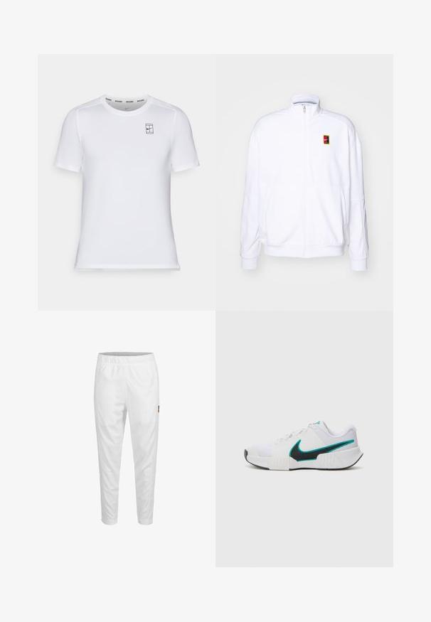 Bela zip-up dukserica iz mehkega materiala, s visokim ovratnikom in majhnim večbarvnim Nike logotipom na levem prsnem delu.; Bela kratkotrajna športna majica z teksturirano tkanino, s malim črnim logotipom Nike in oznako "NIKECOURT" na ovratniku.; Bele športne hlače bele barve z elastičnim pasom, zoženimi nogami in majhnim logotipom na strani. Gladek in lahek material.; Bela športna copata z teksturiranim mrežastim zgornjim delom, črnimi gumijastimi podplati in teal Nike simbolom kot poudarkom. Ima vezalke in oblazinjen ovratnik.