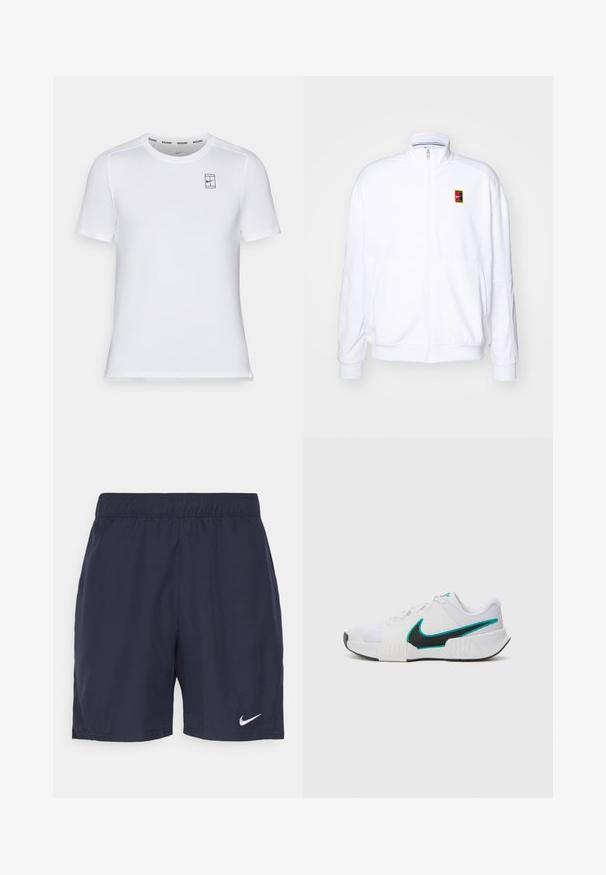 Bílá mikina na zip vyrobená z měkké tkaniny, s vysokým límcem a malým barevným logem Nike na levé hrudi.; Bílá atletická košile s krátkým rukávem, vyrobená z texturované látky, s malým černým logem Nike a štítkem "NIKECOURT" na límci.; Námořnické sportovní šortky vyrobené z lehkého materiálu, s elastickým pasem a malým bílým logem Nike na levé nohavici.; Bílé sportovní tenisové boty s texturovaným síťovým vrškem, černou gumovou podrážkou a akcentem v barvě tyrkysové na logu Nike. Obsahují šněrování a polstrovaný límec.