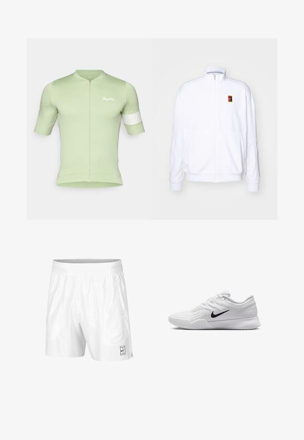 Sweatshirt branco com fecho zíper, feito de um tecido macio, com um gola alta e um pequeno logótipo multicolorido da Nike no lado esquerdo do peito.; Camisola de ciclismo verde-claro com fecho frontal, mangas curtas e um destaque branco no braço esquerdo. Feita de um material suave e ajustado.; Calções atléticos brancos feitos de um tecido leve com um cós elástico, apresentando dois bolsos laterais e um pequeno logotipo preto na bainha.; Sapatilha atlética branca com parte superior em malha texturizada, swoosh preto da Nike, colarinho almofadado e sola de borracha com um padrão de ranhura.