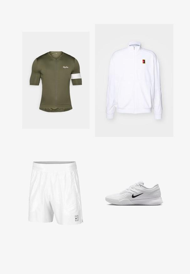 Valkoinen vetoketjullinen huppari, joka on valmistettu pehmeästä kankaasta ja siinä on korkea kaulus sekä pieni monivärinen Nike-logo vasemmassa rinnassa.; Lyhythihainen pyöräilypaita oliivinvihreänä, etuvetoketjulla, valkoisella olkakoristeella ja "Rapha"-logolla valkoisena rinnassa.; Valkoiset urheilushortsit, jotka on valmistettu kevyestä kankaasta, joustovyötäröllä. Siinä on kaksi sivutaskua ja pieni musta logo helman kohdalla.; Valkoinen urheiluvaate, jossa on teksturoidusta verkkomateriaalista valmistettu yläosa, musta Nike-logomerkintä, pehmustettu nilkkakappale ja kumipohja, jossa on urasyntymä.