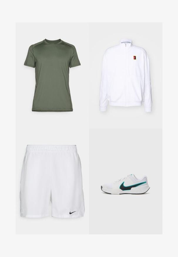 White zip-up sweatshirt made of soft fabric, featuring a high neck and a small multicolored Nike logo on the left chest.; Short-sleeve athletic shirt in olive green, made from smooth, lightweight fabric; features a round neckline and minimal seam detailing.; White athletic shorts with an elastic waistband, featuring a black Nike swoosh logo on the lower left side. Smooth fabric with no patterns.; White athletic shoe with textured mesh upper, black rubber sole, and teal Nike swoosh accent. Features laces and padded collar.