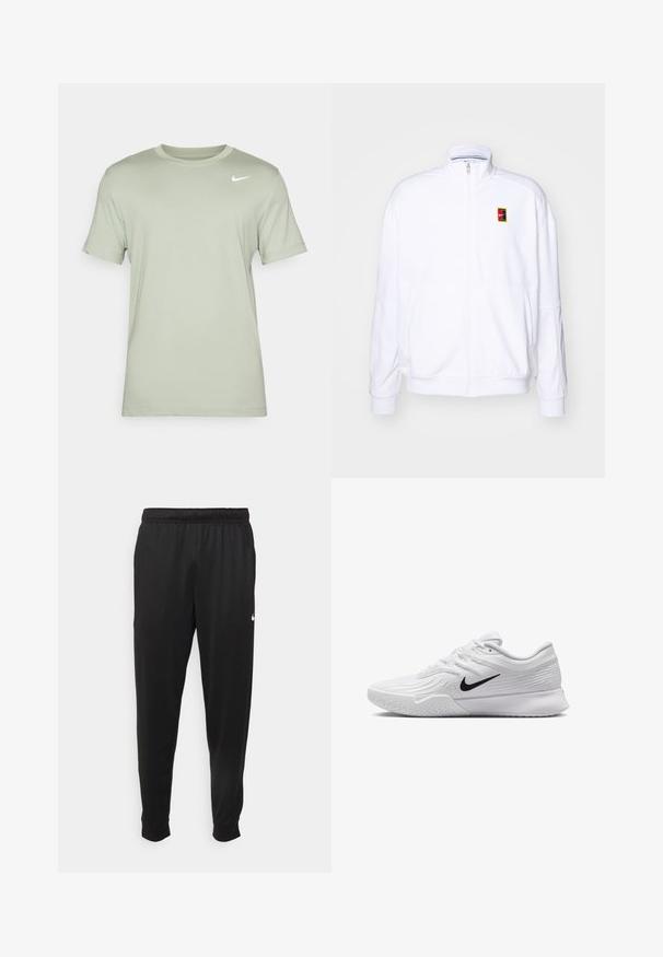 Sweatshirt branco com fecho zíper, feito de um tecido macio, com um gola alta e um pequeno logótipo multicolorido da Nike no lado esquerdo do peito.; Nike Performance TEE CREW SOLID - T-shirt desportiva - jade horizon; Calças de desporto pretas feitas de tecido suave, com uma cintura elástica, pernas ajustadas e um pequeno logo branco no lado esquerdo.; Sapatilha atlética branca com parte superior em malha texturizada, swoosh preto da Nike, colarinho almofadado e sola de borracha com um padrão de ranhura.