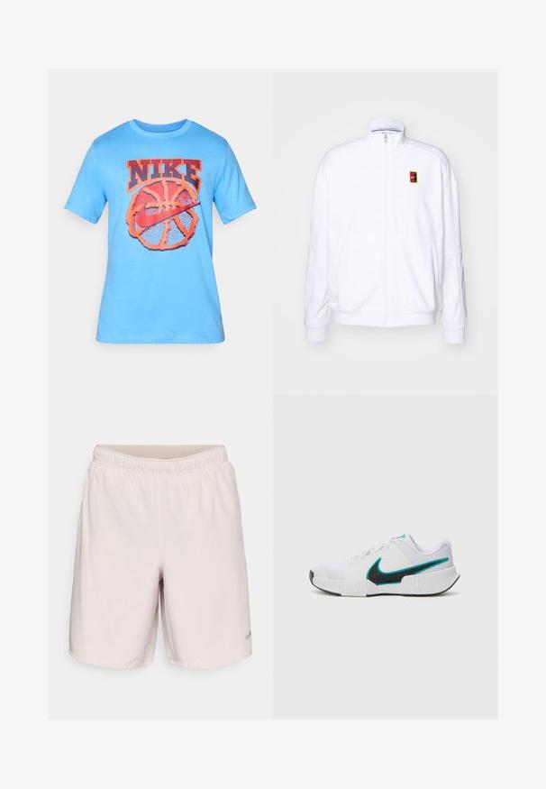 Bijela dukserica na zip, napravljena od mekog materijala, sa visokim ovratnikom i malim višebojnim Nike logom na lijevoj strani grudi.; Svijetloplava pamučna majica s velikim narančastim Nike logotipom preko grafike košarke, kratkih rukava i okruglog izreza.; Svijetloroze sportske hlačice od glatkog, laganog materijala. Imaju elastični pojas i mali crni Nike logo na rubu.; Bijela atletska cipela s teksturiranim mrežastim gornjim dijelom, crnim gumiranim potplatom i akcentom u boji tirkizne na Nike swoosh oznaci. Ima vezice i podstavljeni ovratnik.