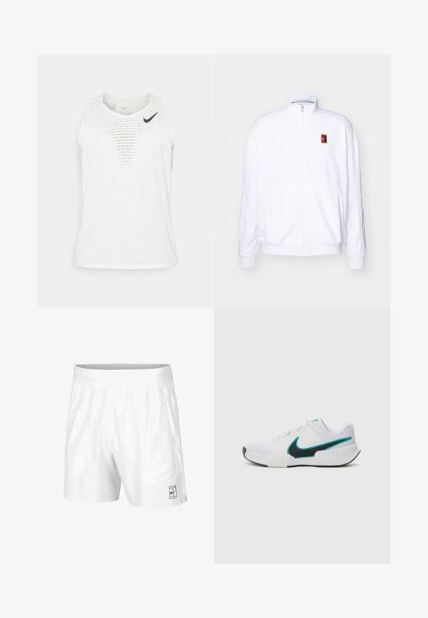 White zip-up sweatshirt made of soft fabric, featuring a high neck and a small multicolored Nike logo on the left chest.; White sleeveless athletic shirt made of breathable mesh fabric, featuring a round neckline and small black Nike logo on the left chest.; White athletic shorts made of lightweight fabric with an elastic waistband, featuring two side pockets and a small black logo on the hem.; White athletic shoe with textured mesh upper, black rubber sole, and teal Nike swoosh accent. Features laces and padded collar.