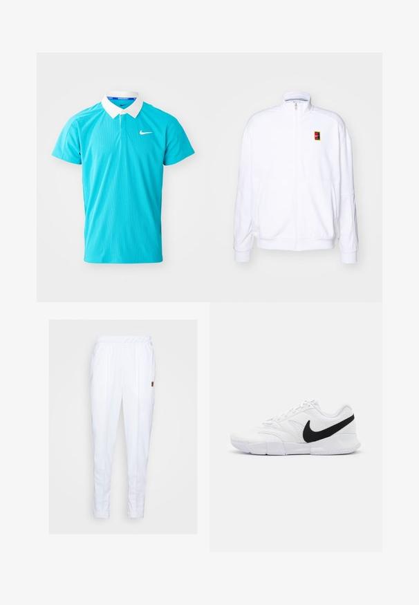 Felpa bianca con zip realizzata in tessuto morbido, con colletto alto e un piccolo logo Nike multicolore sul lato sinistro del petto.; Polo shirt turchese con colletto bianco, maniche corte e un piccolo logo Nike bianco sul lato sinistro del petto. Realizzato in tessuto testurizzato.; Pantaloni sportivi bianchi con elastico in vita, dotati di tasche laterali e dettagli di cucitura discreti lungo le gambe.; Scarpe da ginnastica bianche con tomaia testurizzata, logo Nike nero, collare imbottito e suola in gomma solida con battistrada a motivo.