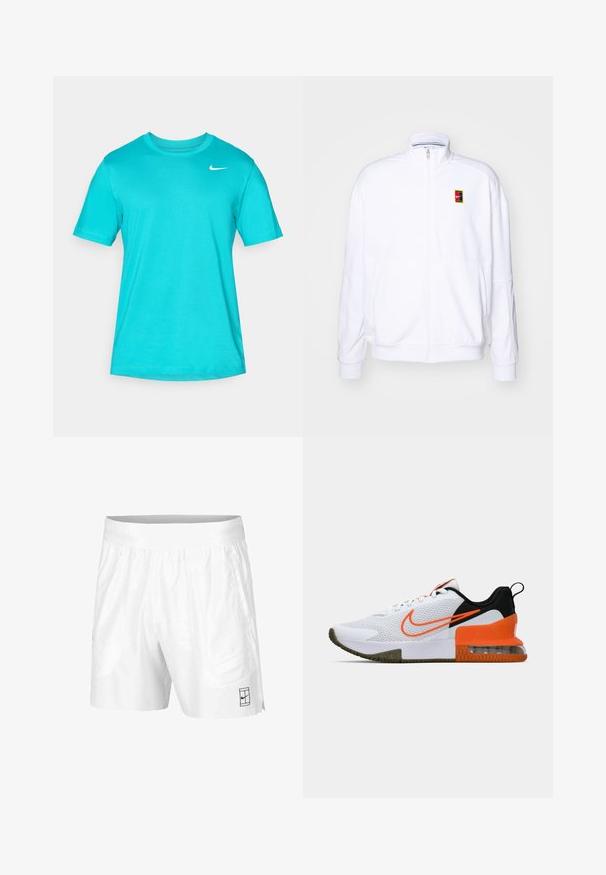 Valkoinen vetoketjullinen huppari, joka on valmistettu pehmeästä kankaasta ja siinä on korkea kaulus sekä pieni monivärinen Nike-logo vasemmassa rinnassa.; Turkoosi lyhythihainen T-paita, joka on valmistettu sileästä kankaasta. Sen kauluksessa on pyöreä muoto ja vasemmassa yläkulmassa on pieni valkoinen Nike-logo.; Valkoiset urheilushortsit, jotka on valmistettu kevyestä kankaasta, joustovyötäröllä. Siinä on kaksi sivutaskua ja pieni musta logo helman kohdalla.; Valkoinen urheilukenkä, jossa on ristikkopintainen yläosa, mustia ja oransseja yksityiskohtia, paksu kumipohja ja selkeä ilmatyynyosa kantapäässä.