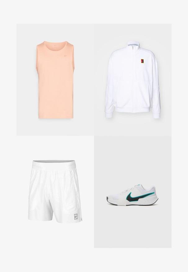 Valge tõmmatav kapuutsiga sviiter, mis on valmistatud pehmest kangast. Sellel on kõrge kaelus ja väike mitmevärviline Nike logo vasakul rinnal.; Heledad virsikavärvi tank top pehmete kangastega; omab ümarat kaelust ja väikest logo vasakul rinnal.; Valged spordilühikesed püksid, mis on valmistatud kergest kangast, elastse vöökoha ja kahe küljetaskuga. Hemmi peal on väike must logo.; Valge sportlik toss, millel on tekstureeritud võrkmaterjalist ülaosa, must kummist tald ja türkiissinine Nike'i logo aktsent. Eriomadusteks on paelad ja polsterdatud krae.