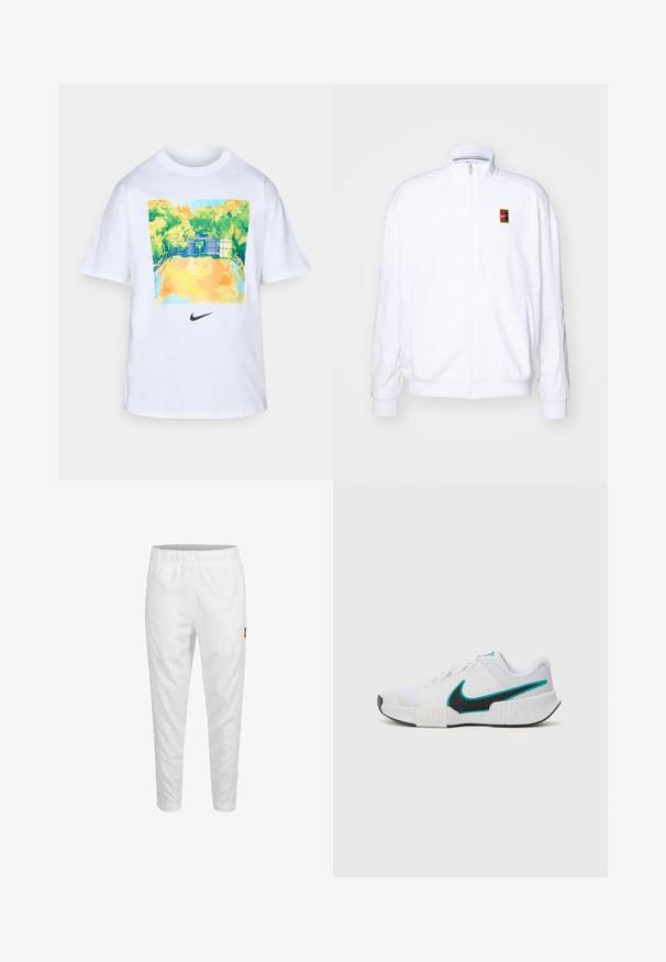 Weißer Zip-Hoodie aus weichem Stoff, mit hohem Kragen und kleinem, mehrfarbigem Nike-Logo auf der linken Brust.; Weißes Baumwoll-T-Shirt mit einem bunten Basketballplatz-Grafik in Grün- und Gelbtönen, darunter befindet sich ein kleines schwarzes Nike-Logo.; Weiße Sporthose mit elastischem Bund, schmal zulaufenden Beinen und einem kleinen Logo-Detail an der Seite. Glattes und leichtes Material.; Weißer Sportschuh mit strukturiertem Mesh-Obermaterial, schwarzer Gummisohle und türkisfarbenem Nike-Swoosh-Akzent. Verfügt über Schnürsenkel und gepolsterten Kragen.
