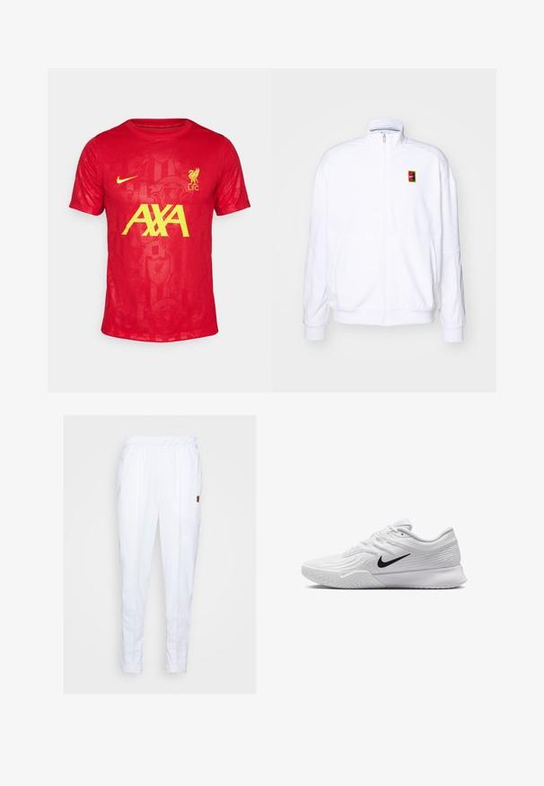 Sudadera blanca con cremallera hecha de una tela suave, con un cuello alto y un pequeño logotipo de Nike multicolor en el lado izquierdo del pecho.; Nike Performance LIVERPOOL FC NIKE DF ACADEMY SHORT SLEEVES TOP K PRE-MATCH - Equipación de clubes - gym red/chrome yellow; Pantalones deportivos blancos con cintura elástica, que cuentan con bolsillos laterales y detalles de costura sutiles a lo largo de las piernas.; Zapatilla deportiva blanca con parte superior de malla texturizada, swoosh negro de Nike, cuello acolchado y suela de goma con un patrón de taco.