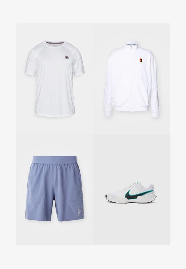 Bela zip-up dukserica iz mehkega materiala, s visokim ovratnikom in majhnim večbarvnim Nike logotipom na levem prsnem delu.; Bela atletska majica s kratkimi rokavi, okroglo izrezano ovratnikom in majhnim pravokotnim logotipom Fila v rdeči, modri in črni barvi na zgornjem levem prsnem delu.; Svijetloplave atletske kratke hlače s elastičnom pojasom, dva bočna džepa i mali bijeli logo na donjem prednjem desnom dijelu. Glatka tekstura.; Bela športna copata z teksturiranim mrežastim zgornjim delom, črnimi gumijastimi podplati in teal Nike simbolom kot poudarkom. Ima vezalke in oblazinjen ovratnik.