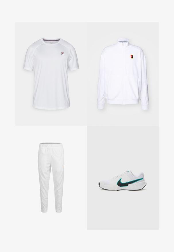 Bílá mikina na zip vyrobená z měkké tkaniny, s vysokým límcem a malým barevným logem Nike na levé hrudi.; Bílé sportovní tričko s krátkým rukávem, kulatým výstřihem a malým obdélníkovým logem Fila v červené, modré a černé barvě na levém horním hrudníku.; Bílé sportovní kalhoty s elastickým pasem, zúženými nohavicemi a malou logem na straně. Hladká a lehká tkanina.; Bílé sportovní tenisové boty s texturovaným síťovým vrškem, černou gumovou podrážkou a akcentem v barvě tyrkysové na logu Nike. Obsahují šněrování a polstrovaný límec.