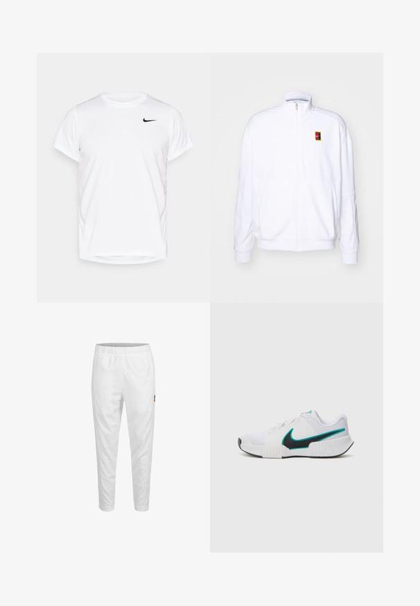 Hvit zip-up hettegenser laget av mykt stoff, med høy hals og en liten multicolor Nike-logo på venstre bryst.; Hvit T-skjorte med kort erm fra Nike laget av glatt syntetisk materiale, med en svart logo på venstre side av brystet.; Hvite treningsbukser med elastisk liv, innsnevrede ben og en liten logodetalj på siden. Glatt og lett stoff.; Hvit atletisk sko med teksturert mesh-overdel, svart gummisåle og teal Nike swoosh-detalj. Har snøring og polstret krage.