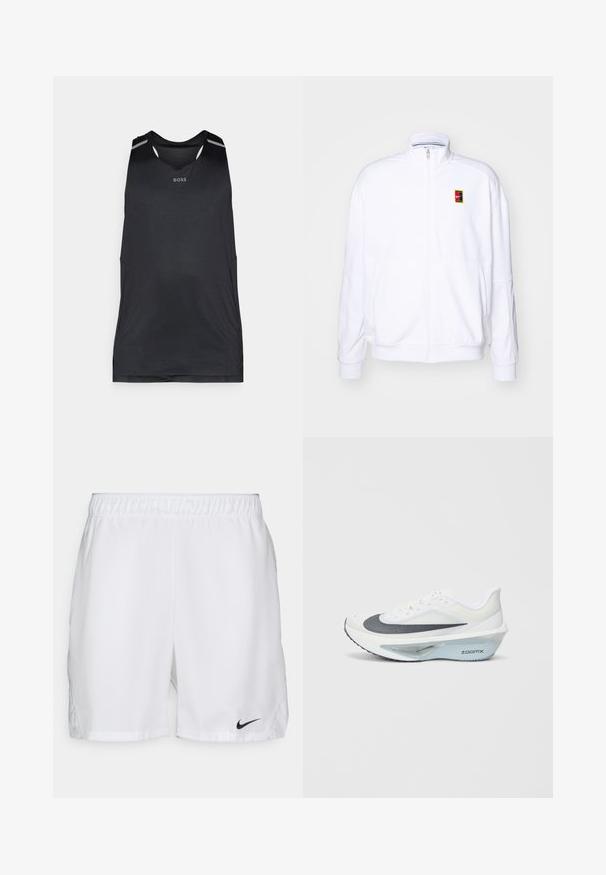 Fehér zipzáras kapucnis pulóver, puha anyagból készült, magas nyakkal és egy kis, színes Nike logóval a bal mellrészen.; Fekete sportos tank top, könnyű anyagból készült, kerek nyakkivágással, perforált textúrával és tónusos részletekkel a vállakon.; Fehér sportnadrág elasztikus derékkal, a bal alsó oldalon fekete Nike swoosh logóval. Simának tűnő anyag, minták nélkül.; Fehér sportcipő szürke hálós felsőrésszel, kék ZoomX hab középtalppal és ívelt talppal a fokozott propulzió és kényelem érdekében.